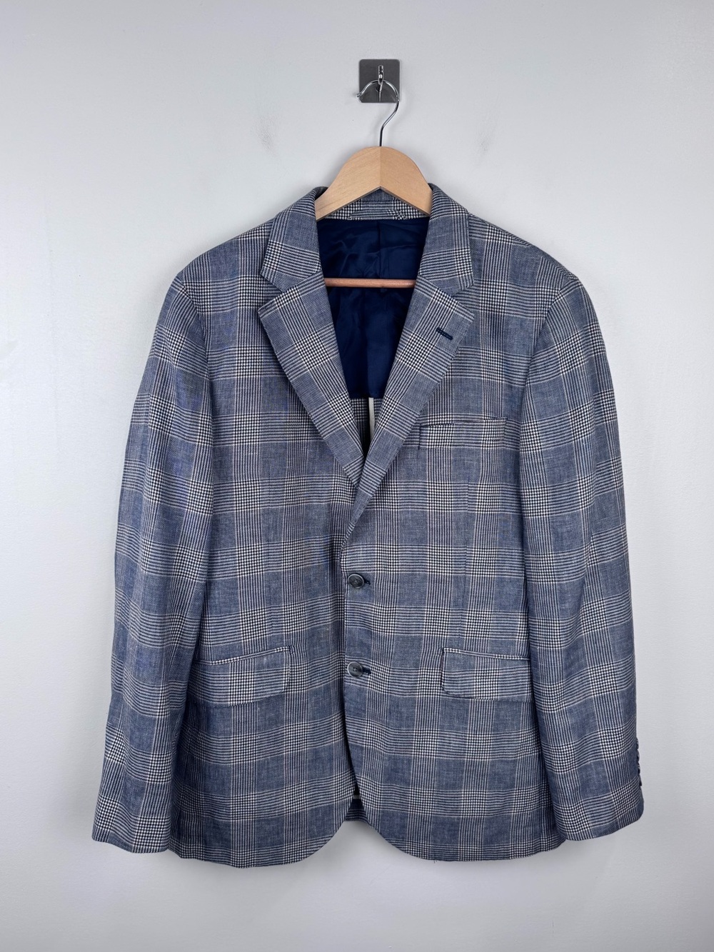 Hackett London Men Cotton Linen Blend Plaid Blazer Suit Jacket 42R